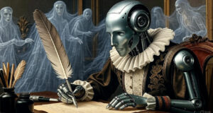 Robot IA escribiendo con fasntasmas